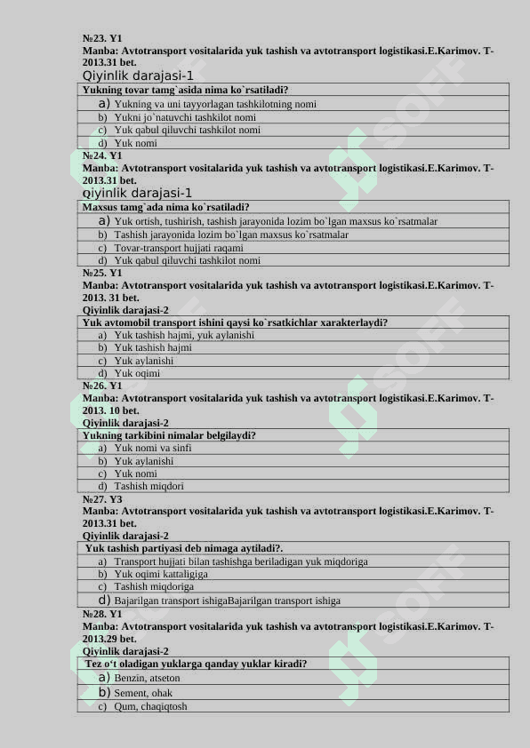 Tashishlarni tashkil etish (22 soat) fanidan 90ta test savollari 5