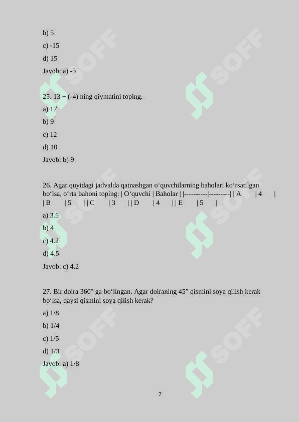 7-sinf matematika fanidan 125 ta variantli test savollari va javoblari bilan birgalikda 7
