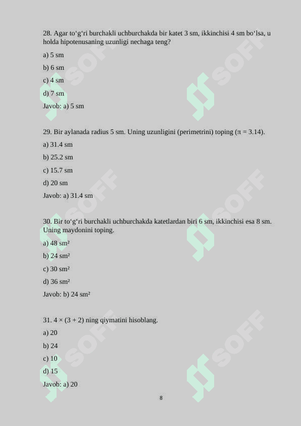 7-sinf matematika fanidan 125 ta variantli test savollari va javoblari bilan birgalikda 8