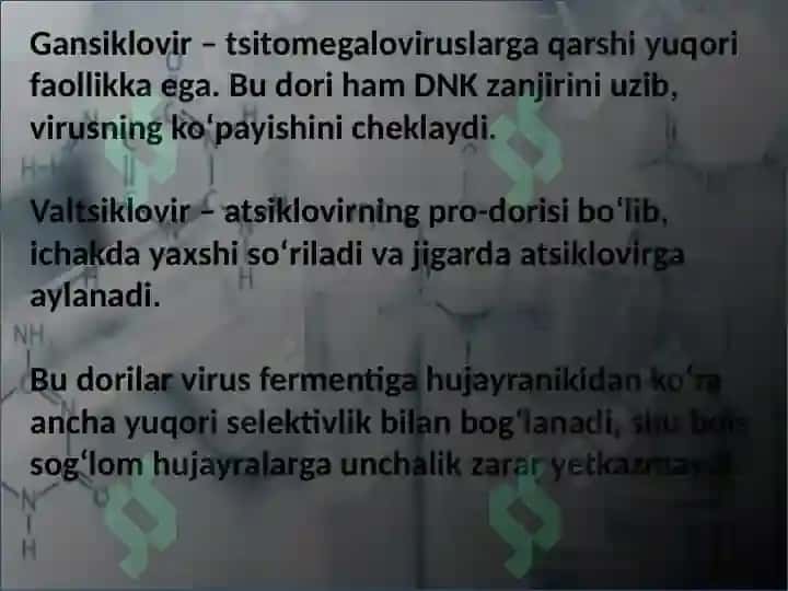 Viruslarga va o'smalarga qarshi dori vositalarining tasir mexanizmi (DNK,RNK fermentlariga nisbatan ) 7