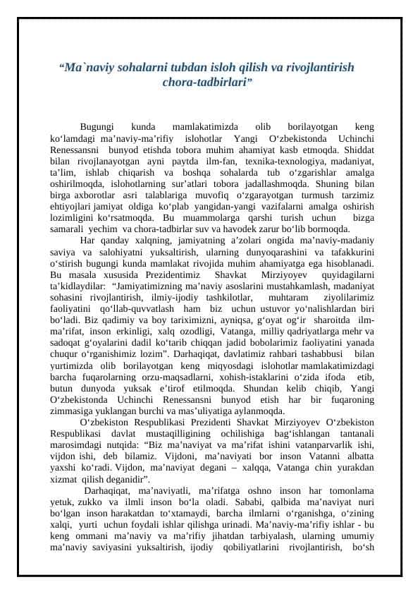 Ma`naviy sohalarni tubdan isloh qilish va rivojlantirish chora-tadbirlari