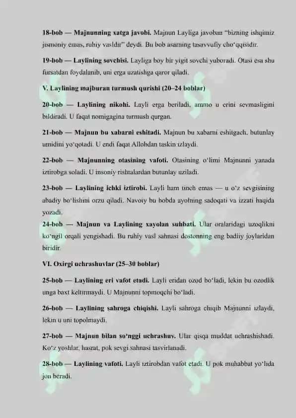 Layli va Majnun Asaridagi boblarga ta'rif.Mustaqil ish 4