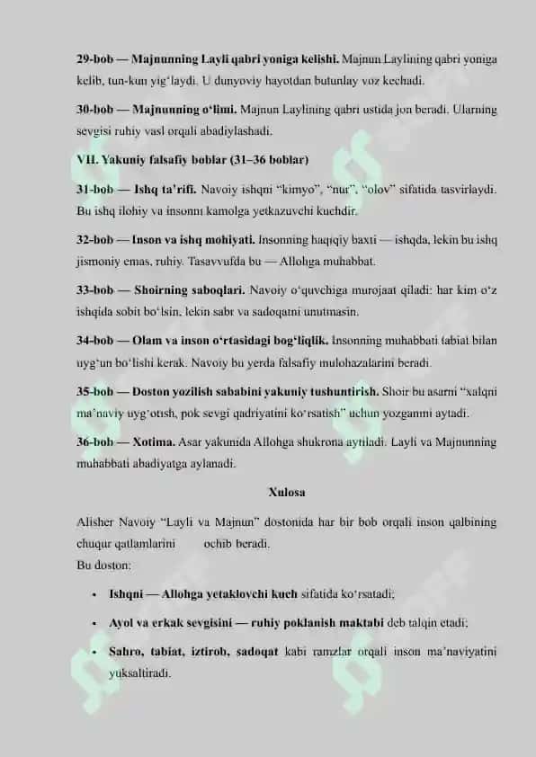 Layli va Majnun Asaridagi boblarga ta'rif.Mustaqil ish 5