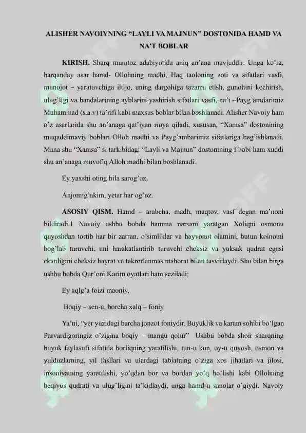 Layli va Majnun Asaridagi boblarga ta'rif.Mustaqil ish 6