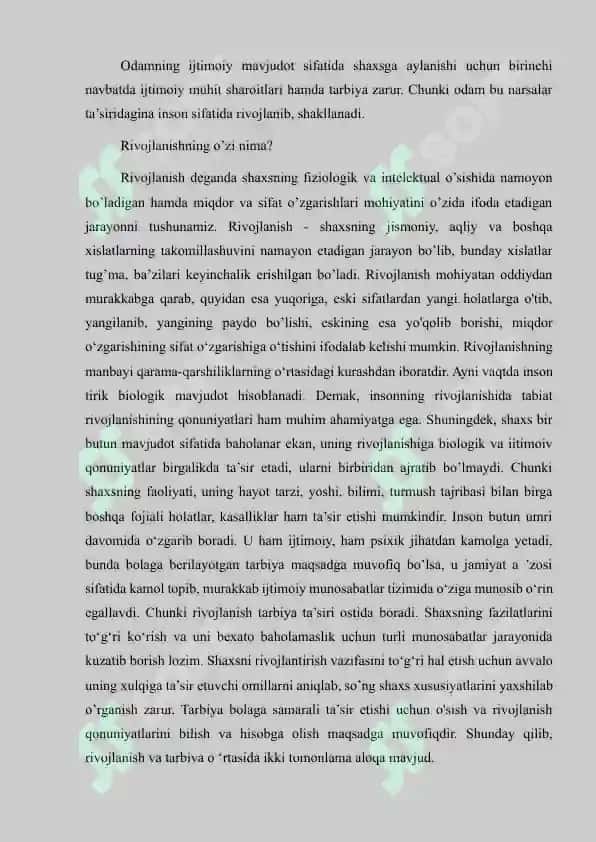 Shaxsning rivojlanishi tarbiyasi va ijtimoiylashuvi.Mustaqil ish 3