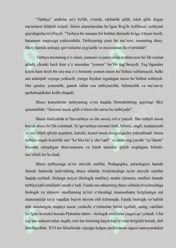 Shaxsning rivojlanishi tarbiyasi va ijtimoiylashuvi.Mustaqil ish 4