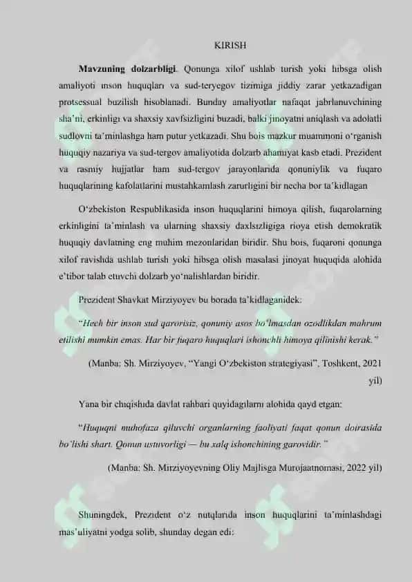 “Qonunga xilof ravishda ushlab turish yoki hibsga olishning jinoiy xususiyatlari” KURS ISHI 3