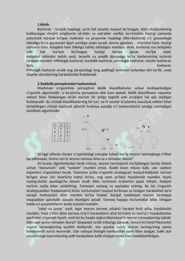 ENG SODDA PERSEPTRONLAR YORDAMIDA BASHORATLASH ALGORITMINI ISHLAB CHIQISH 2
