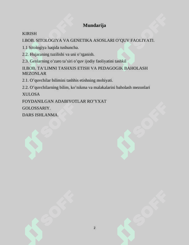 Kurs ish "Biologiya (Sitologiya va genetika asoslari) tashhislash va baholash texnologiyalari  asoasida  tashkil etish metodikasi 2
