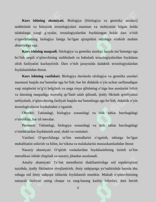 Kurs ish "Biologiya (Sitologiya va genetika asoslari) tashhislash va baholash texnologiyalari  asoasida  tashkil etish metodikasi 8