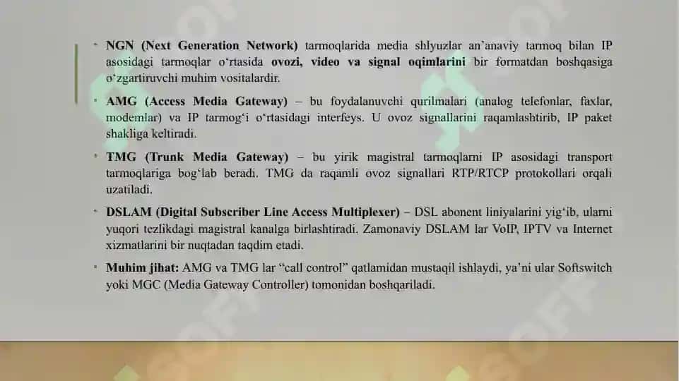 AMG, TMG, DSLAM mediashlyuzlarini o'rganish. 4