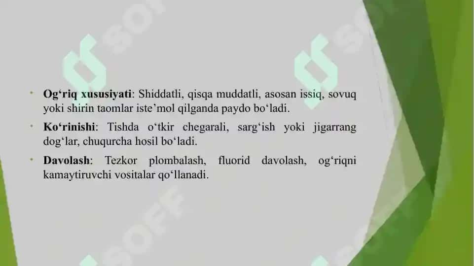 O'RTA KARIYES.O'TKIR VA SURUNKALI SHAKLLARINI KLINIKASI, QIYOSIY TASHXISI. KASALLIK TARIXINI YOZISH. 4