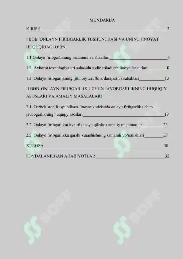 "Onlayn firibgarlikning jinoyiy-huquqiy kvalifikatsiyasi masalalari" kurs ishi 2