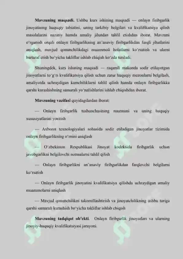 "Onlayn firibgarlikning jinoyiy-huquqiy kvalifikatsiyasi masalalari" kurs ishi 5