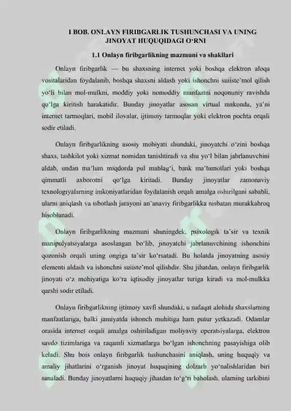 "Onlayn firibgarlikning jinoyiy-huquqiy kvalifikatsiyasi masalalari" kurs ishi 6