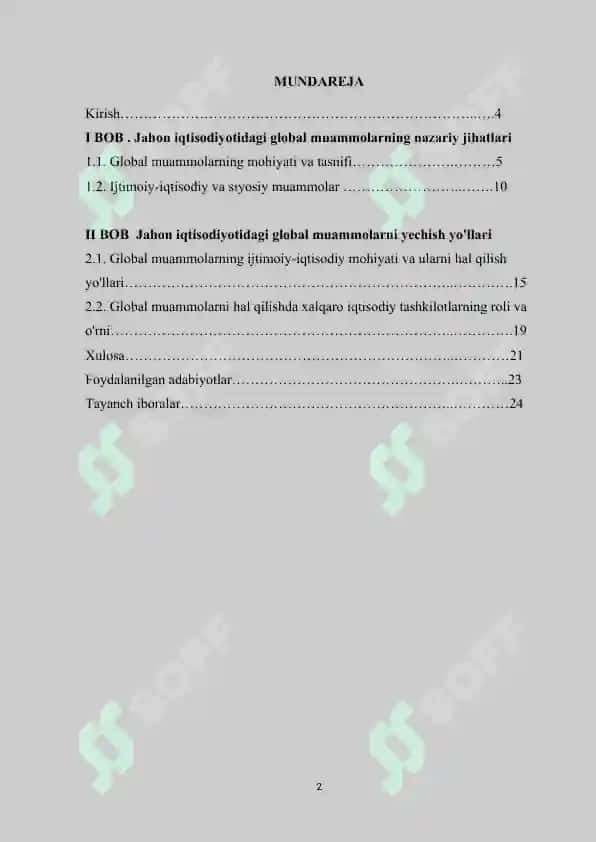 Jahonning global iqtisodiy muammolari mavzusida kurs ishi 2