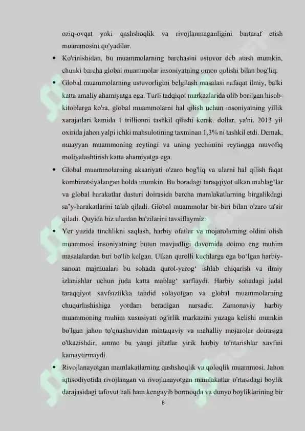 Jahonning global iqtisodiy muammolari mavzusida kurs ishi 8