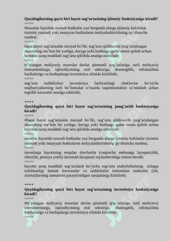“SUG‘URTA ISHI (HAYOT SUG‘URTASI MODULI)” FANIDAN TEST SAVOLLARI 5