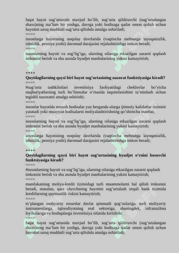 “SUG‘URTA ISHI (HAYOT SUG‘URTASI MODULI)” FANIDAN TEST SAVOLLARI 6
