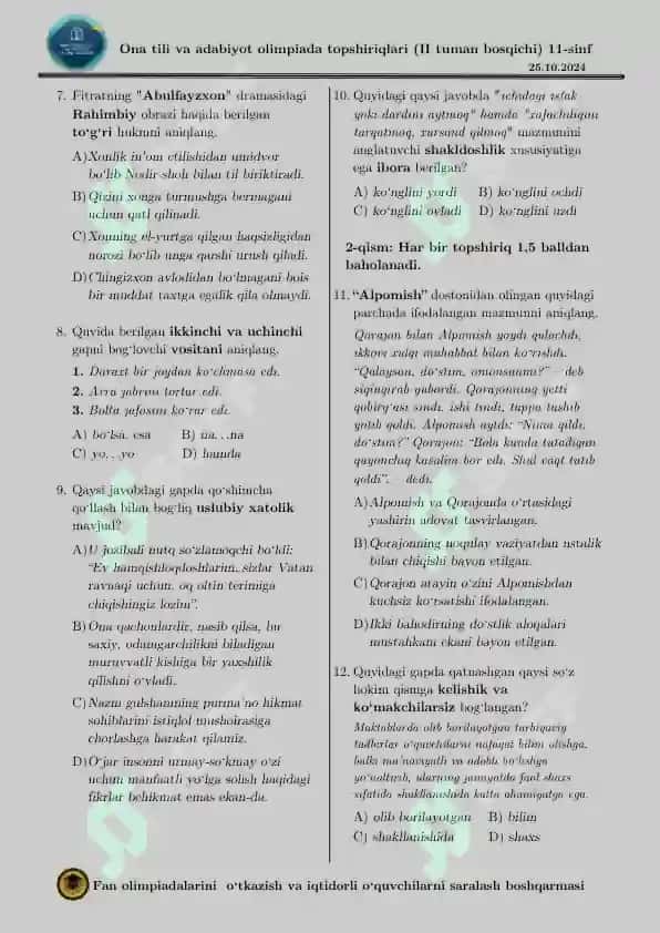 Ona tili va adabiyot olimpiada topshiriqlari (11_sinf_Ona_tili_va_adabiyoti_tuman_bosqichi_2024) 11-sinf 2
