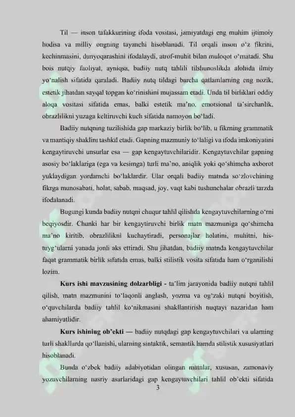 Badiiy nutqda gap kengaytuvchilari. Muayyan matn talqinida 3