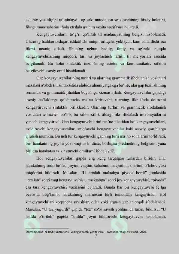 Badiiy nutqda gap kengaytuvchilari. Muayyan matn talqinida 7
