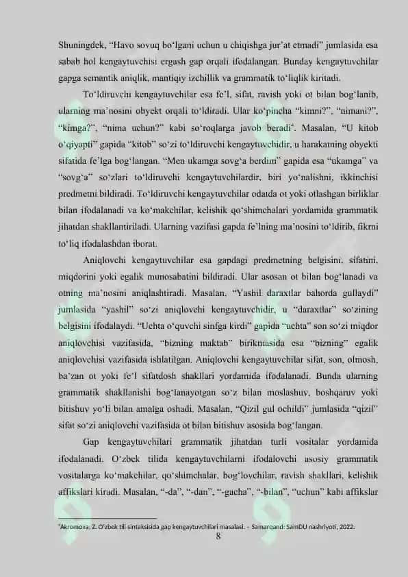 Badiiy nutqda gap kengaytuvchilari. Muayyan matn talqinida 8