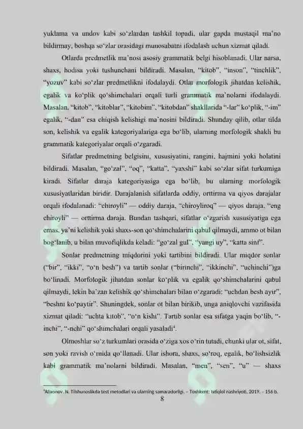 Morfologiya bo‘yicha darajali testlar to‘plami 8