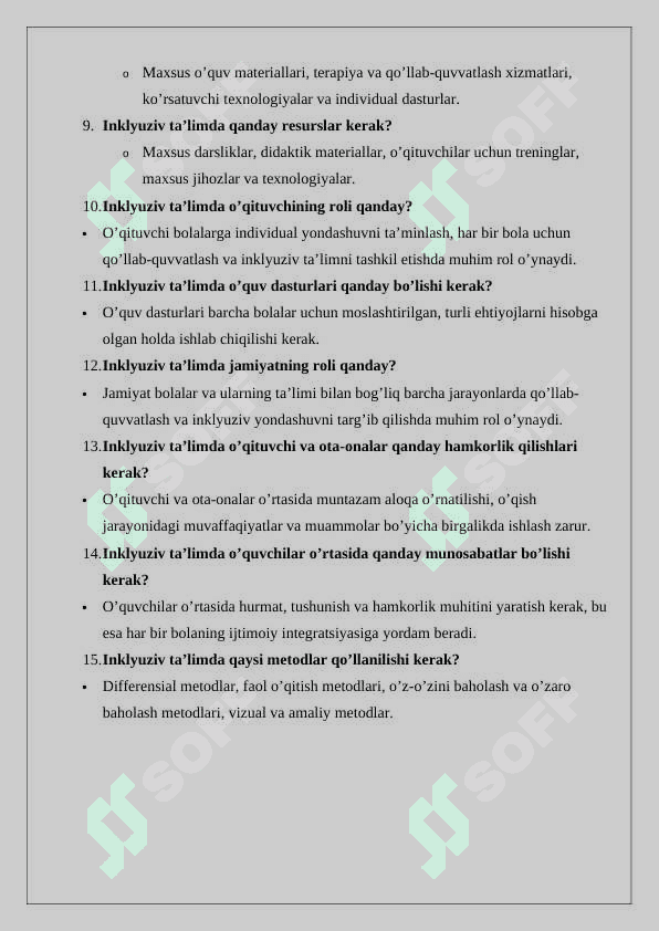 Inklyuziv ta’lim kursining predmeti, maqsadi va vazifalari, obyekti, tamoyillari o’rganish savol javob 2