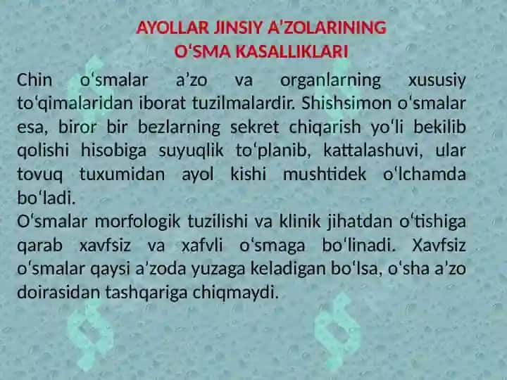 AYOLLARJINSIY A’ZOLARIDA O’SMA OLDI VA O’SMA KASALLIKLARI 2