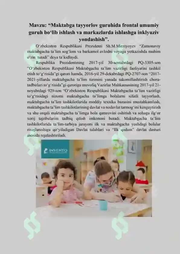 Maktabga tayyorlov guruhida frontal umumiy guruh bo‘lib ishlash va markazlarda ishlashga inklyuziv yondashish. 2