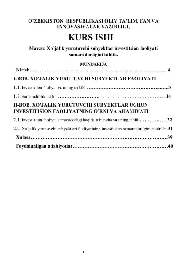 Xo’jalik yurutuvchi subyektlar investitsion faoliyati samaradorligini tahlili