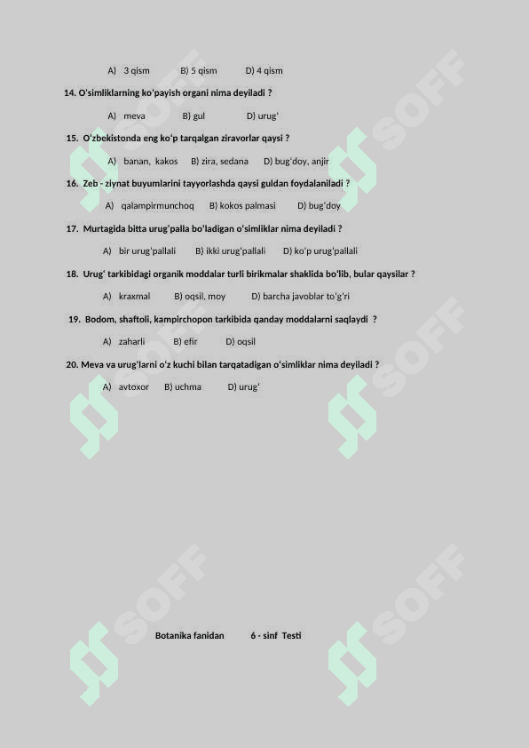 6-sinf Botanika fanidan test savollari javoblari bilan 2