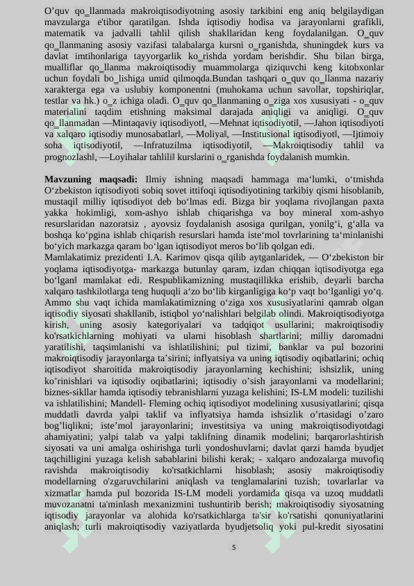 Mustaqillik yillarida O’zbekiston Respublikasi rivojlanishining makroiqtisodiy ko’rsatkichlari tahlili 5