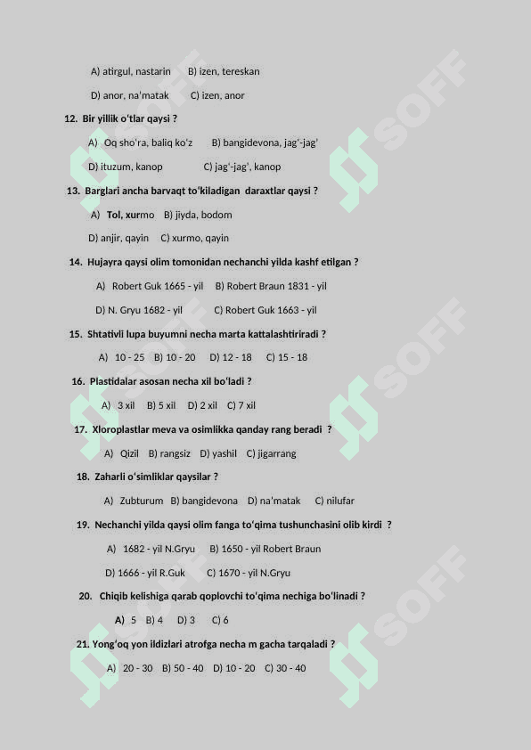 Botanika 5-sinf uchun test savollari javoblari bilan 2