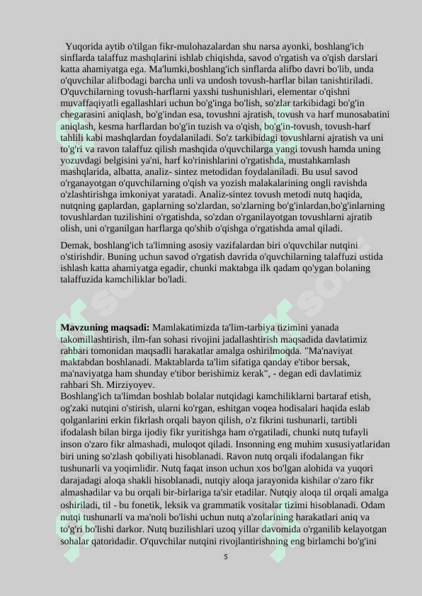 O’QUVCHILARNI SAVOD O’RGATISHGA TAYYORLOV. ALIFBEGACHA BO’LGAN DAVRIDA NUTQ O’STIRISH 5