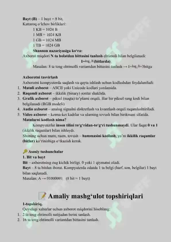 Axborot turlari. Axborotni o‘lchash va tasvirlash 2