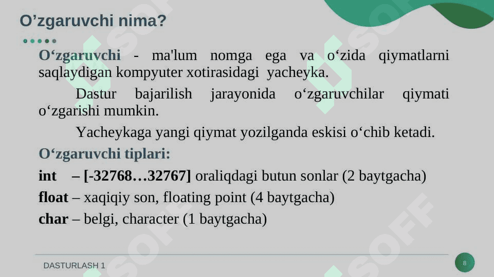 Algoritmlash va dasturlashning asosiy tushunchalari 8