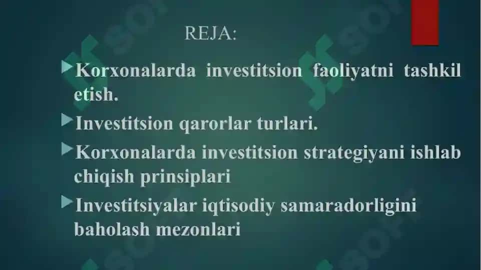 INVESTITSION QARORLARNI QABUL QILISH ASOSLARI. 2