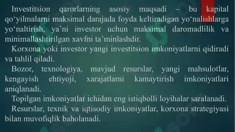 INVESTITSION QARORLARNI QABUL QILISH ASOSLARI. 4