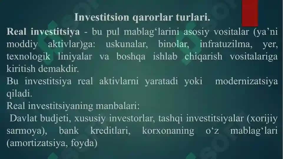 INVESTITSION QARORLARNI QABUL QILISH ASOSLARI. 5