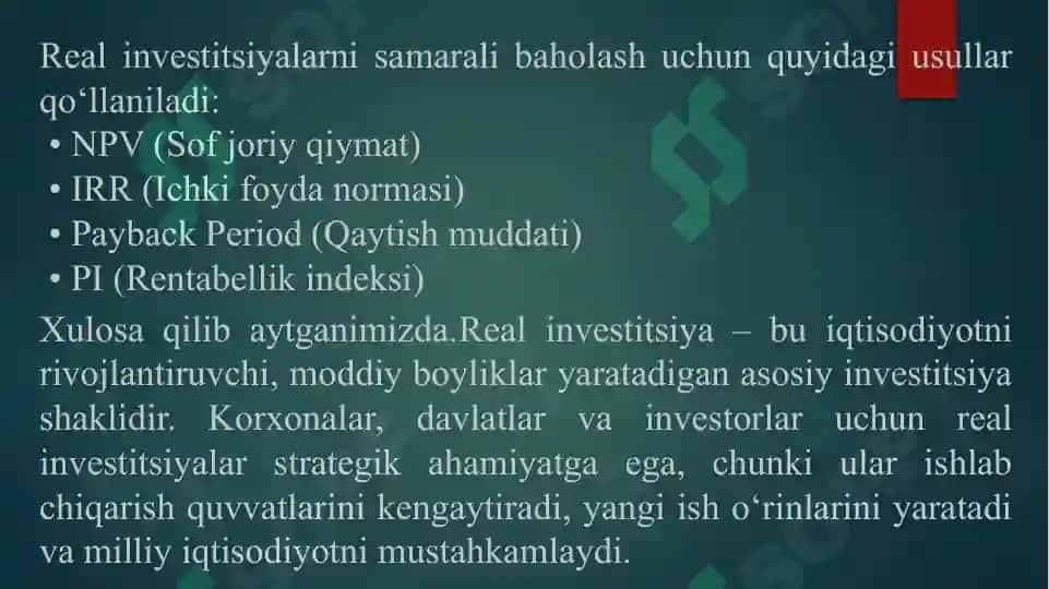 INVESTITSION QARORLARNI QABUL QILISH ASOSLARI. 6