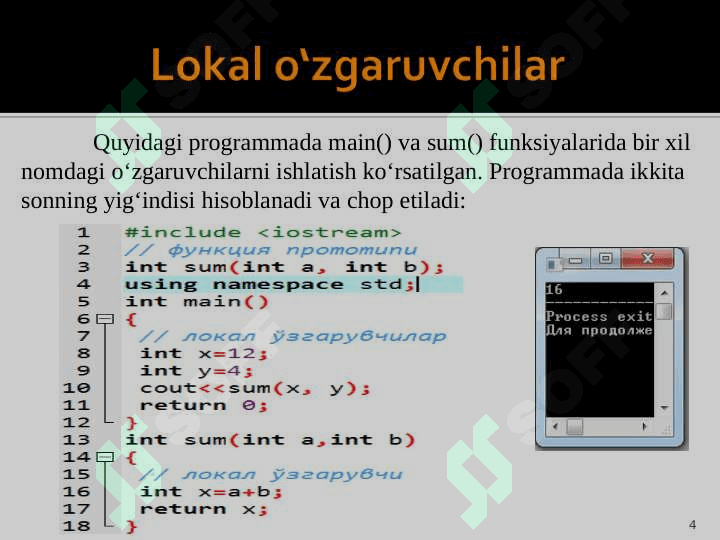 Funksiyalarda argument sifatida lokal, global o‘zgaruvchilardan va havolalardan foydalanish. 4