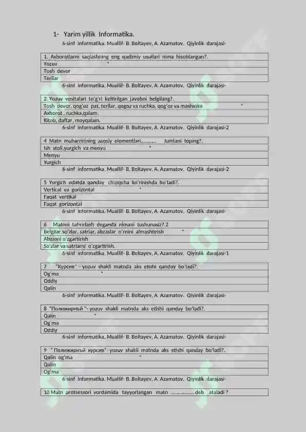 Test informatika 6 sinflarga 2