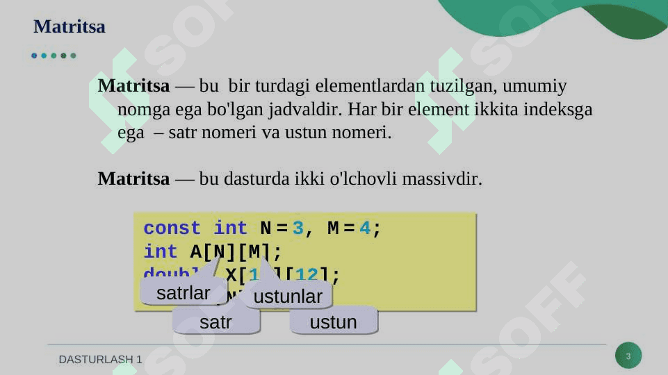 KO'P O'LCHOVLI MASSIVLAR. MASSIV ELEMENTLARINI SARALASH USULLARI. 3