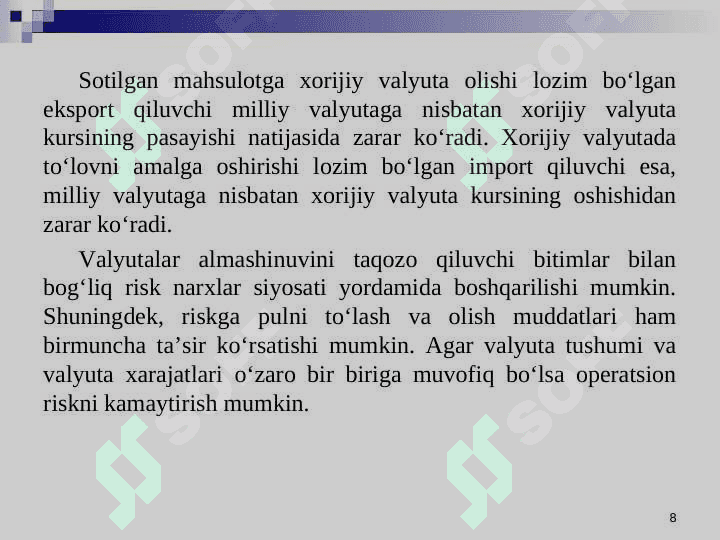 Xalqaro moliya tizimida valyuta risklarini boshqarish 8