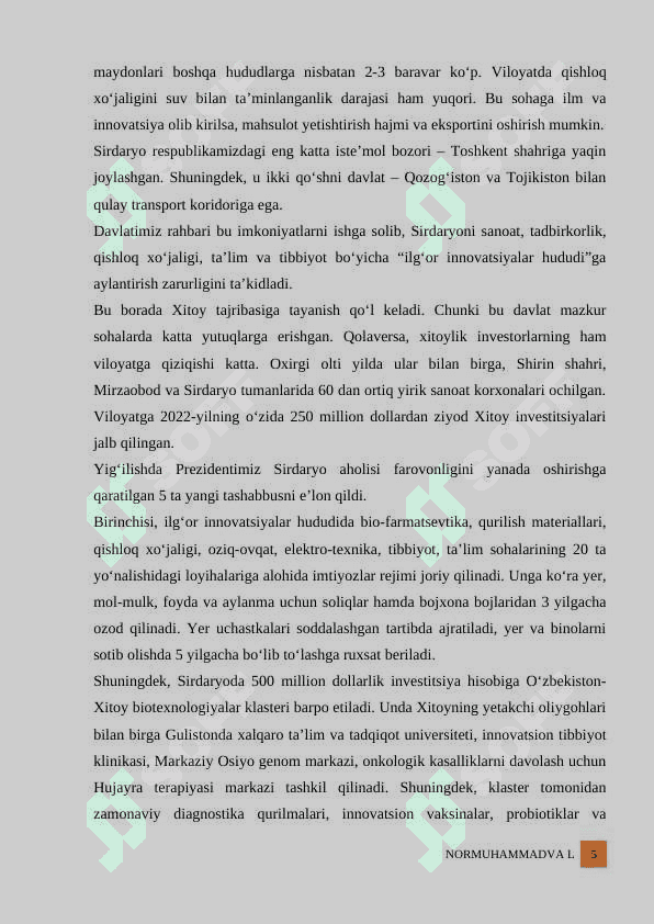 Sirdaryo viloyatining iqtisodiyoti kurs ishi 5