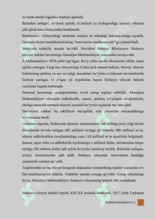 Sirdaryo viloyatining iqtisodiyoti kurs ishi 7