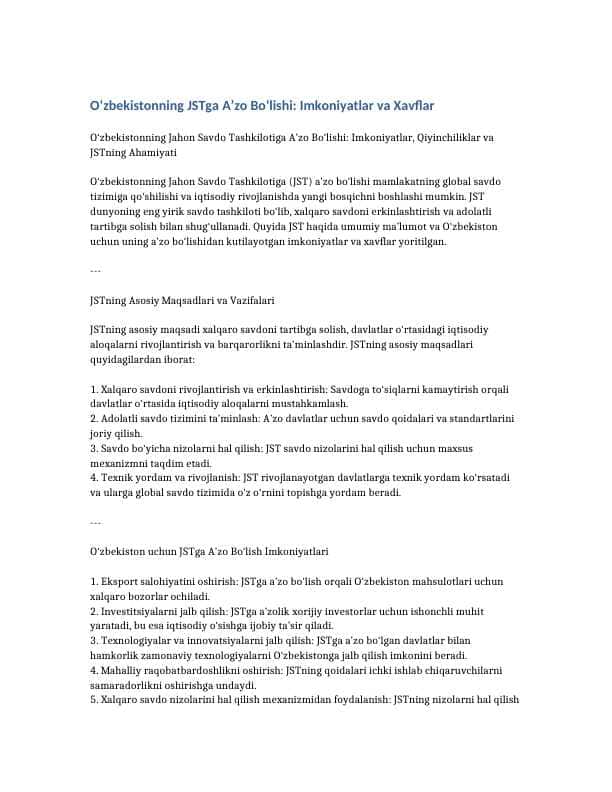 O‘zbekistonning JSTga A’zo Bo‘lishi: Imkoniyatlar va Xavflar