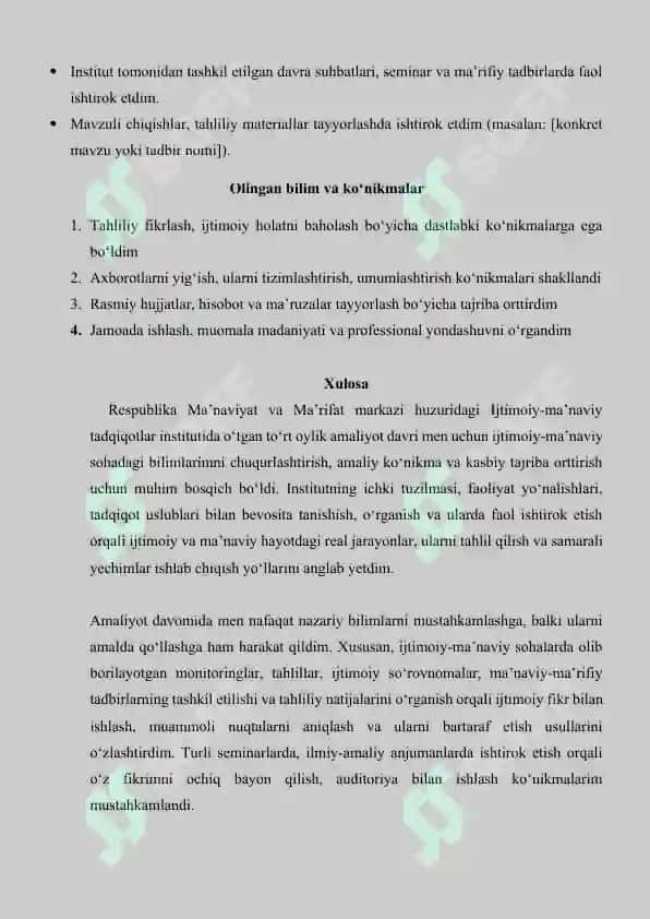 Ijtimoiy-ma’naviy sohada olib borilayotgan ilmiy izlanishlar bilan tanishish yakuni hisobot 2